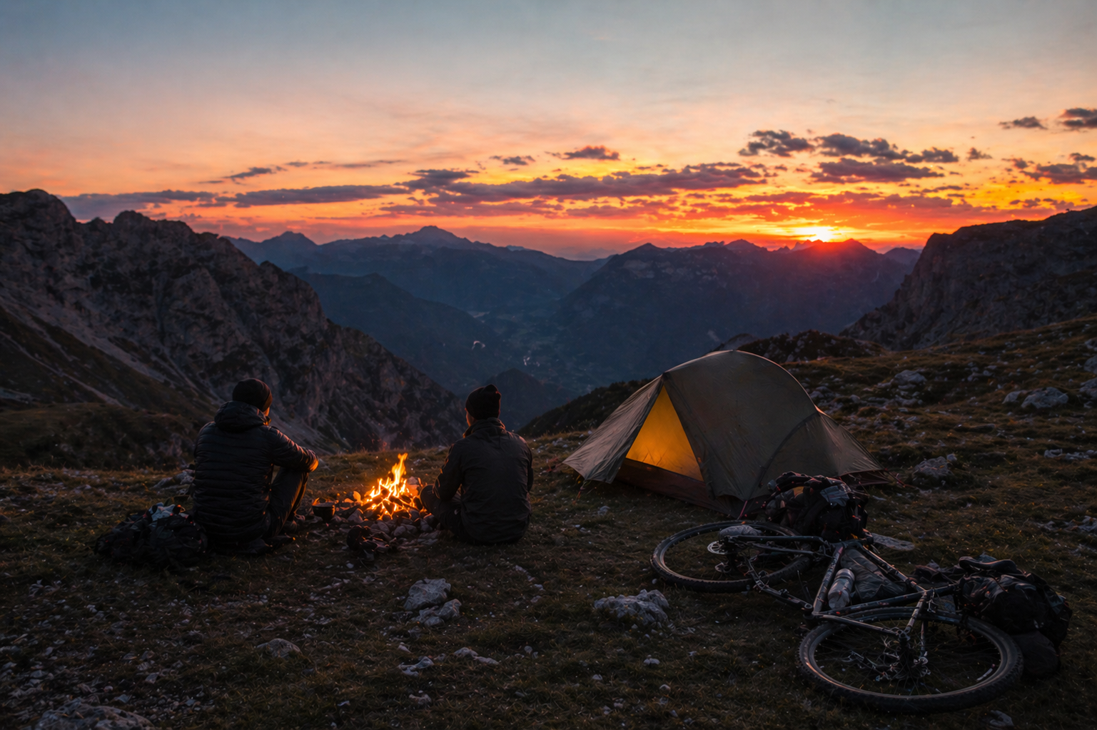 Zwei Personen am Lagerfeuer mit Zelt und Fahrrädern beim Sonnenuntergang in den Bergen